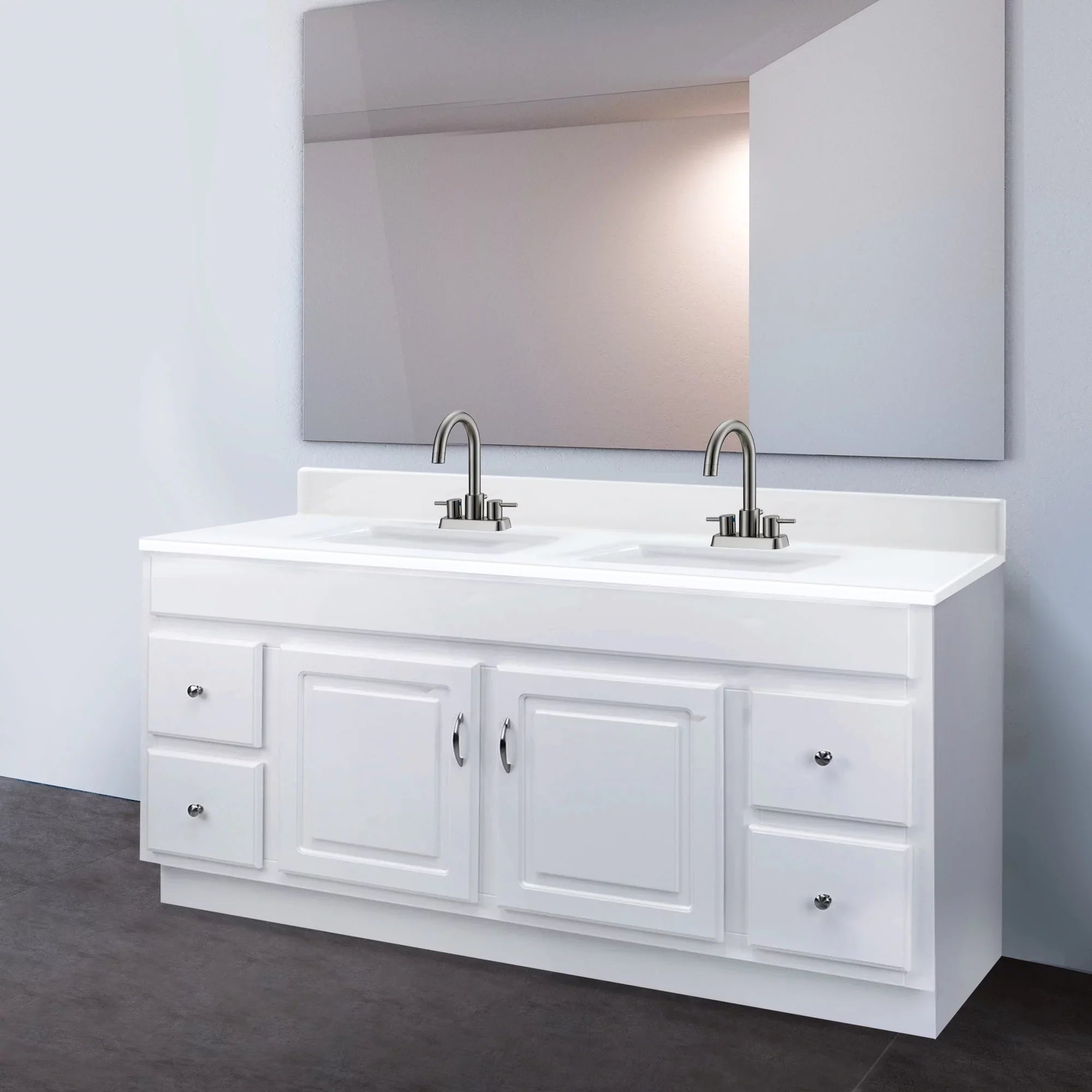 Top House Rectangle Mount Double Bowl 61-inch Integrated Marble Cultured Camilla Solid Design Vanity White 557678-WHT Centerset Backsplash, with