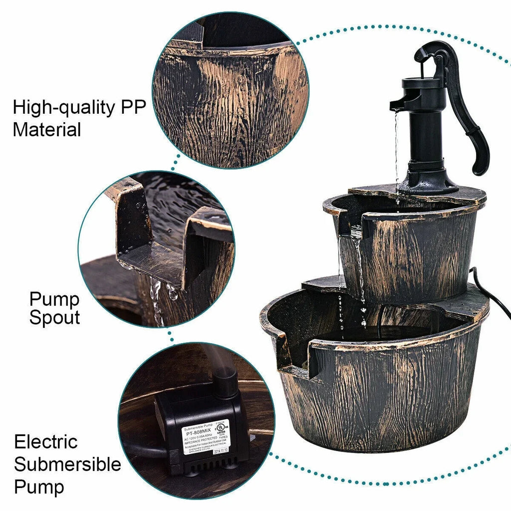 Barrel Waterfall Barrel Outdoor Garden Pump | 2-Tier with Fountain Water Fountain