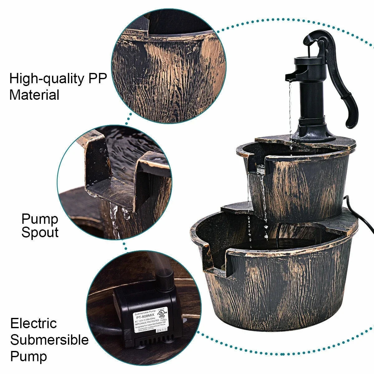Barrel Waterfall Barrel Outdoor Garden Pump | 2-Tier with Fountain Water Fountain