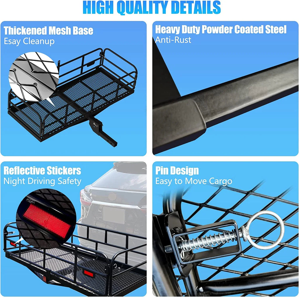 for 14.4" Lbs Heavy Car SUV Traveling Receiver Carrier Basket WAGEE 24" Rear x 500 Luggage Cargo Hitch Duty Folding Camping 60" x Cargo Mount Fits Rack 2"