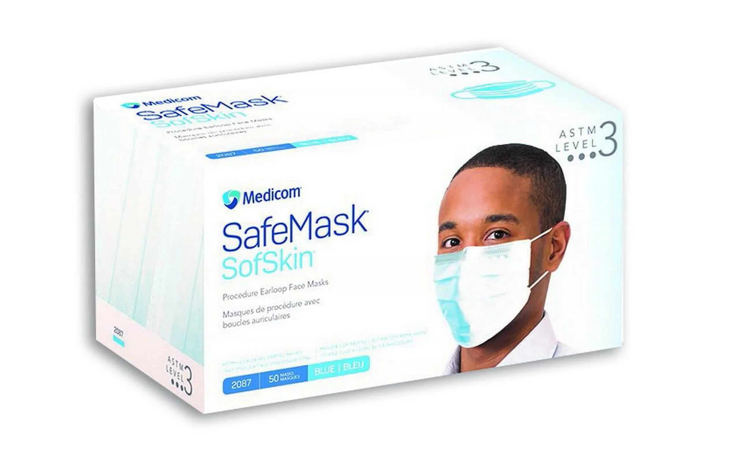 Blue 2087 SofSkin 50/Bx 3 Masks Earloop Medicom ASTM Face SafeMask Level