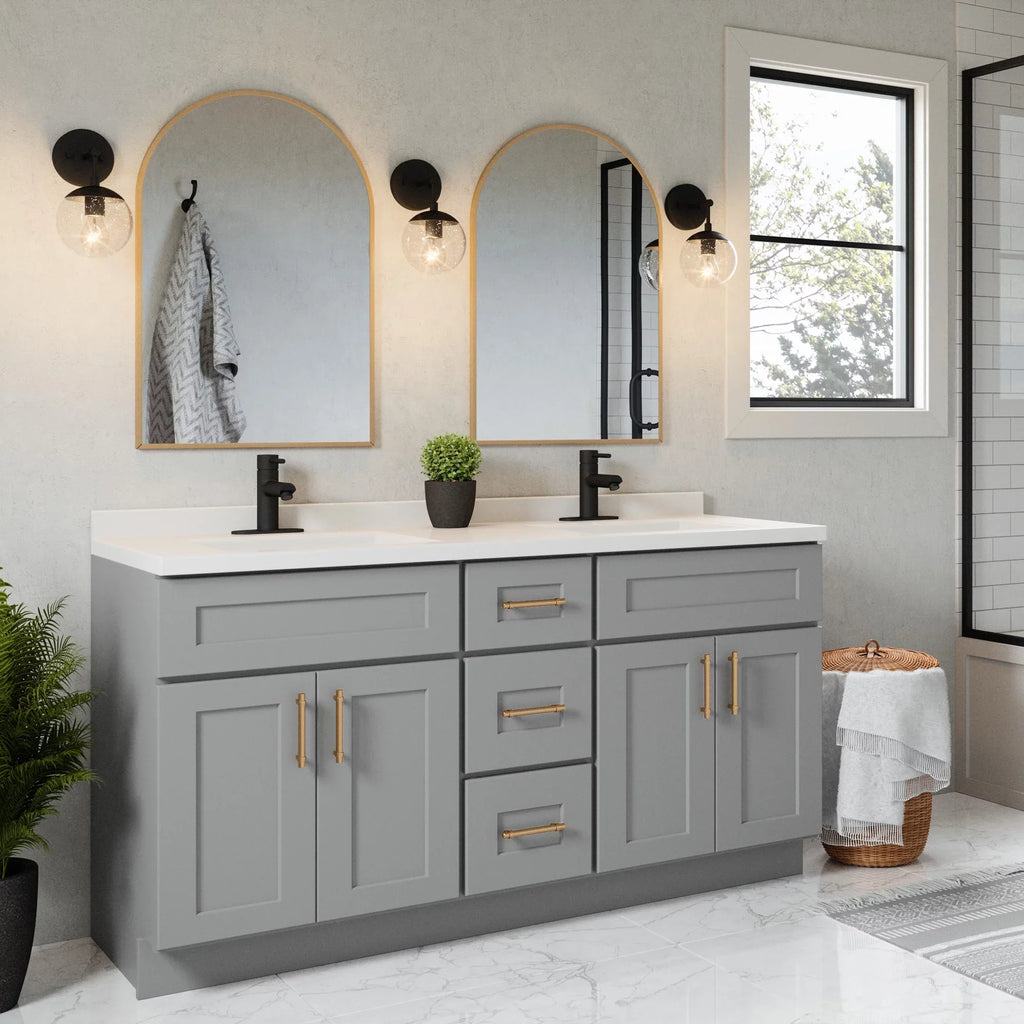 Top House Rectangle Mount Double Bowl 61-inch Integrated Marble Cultured Camilla Solid Design Vanity White 557678-WHT Centerset Backsplash, with