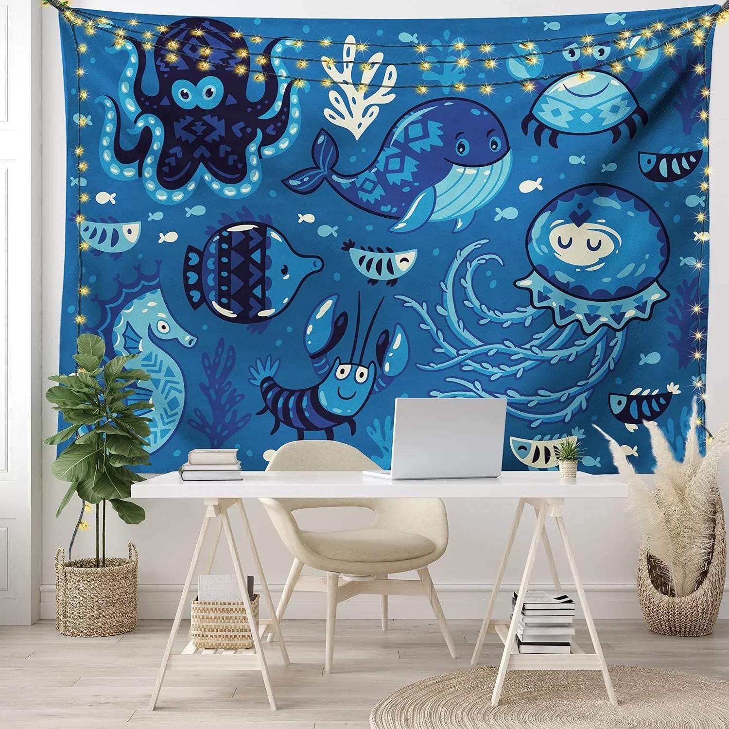 Octopus Moss Dorm, Fish Room Hanging Whale Tapestry, Animals X Fabric Living Little And For 30", Deep Print, Ocean With Decor Blue 45" Cartoon Bedroom Wall Sealife