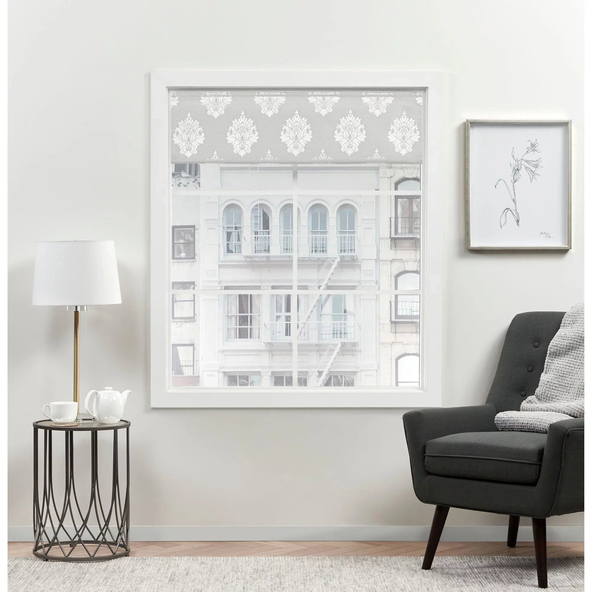 Silver Damask Exclusive Home 34"x64", 100% Marseilles Roman Shade, Blackout