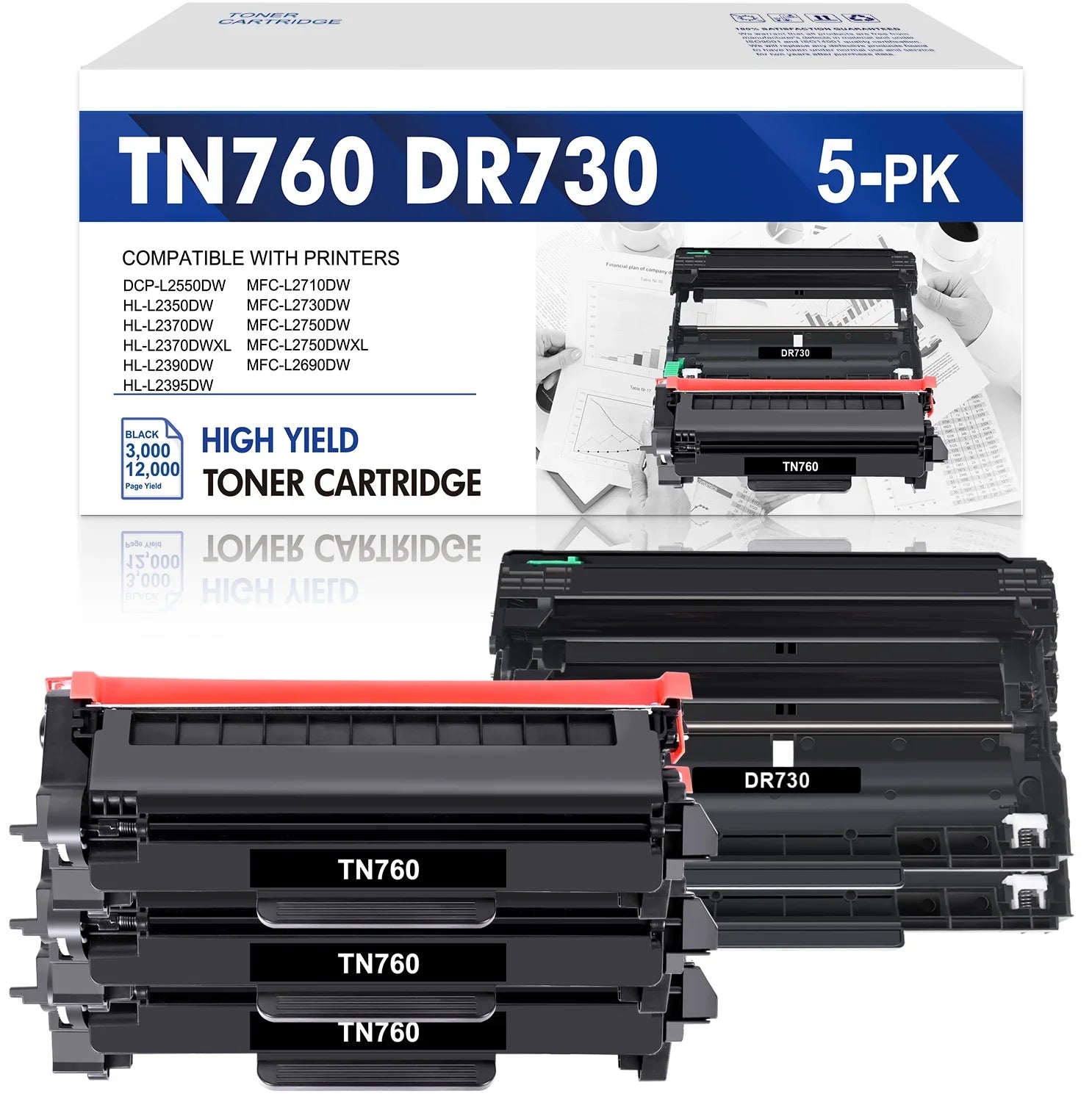 2x DCP-L2550DW Drum HL-L2350DW TN-760 Unit ) for DR730 MFC-L2710DW TN760 Set DR730 High Unit Compatible (3x Cartridge Yield Printer Toner, Drum Black MFC-L2690DW Toner and Brother