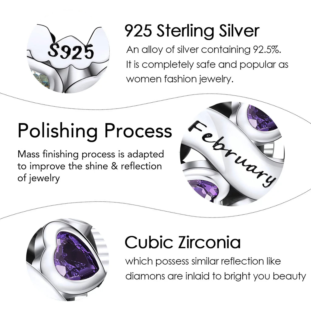 Bracelets 925 Heart Birthstone NINGAN Silver Pandora February Bead Love Charms Charms Openwork Sterling for