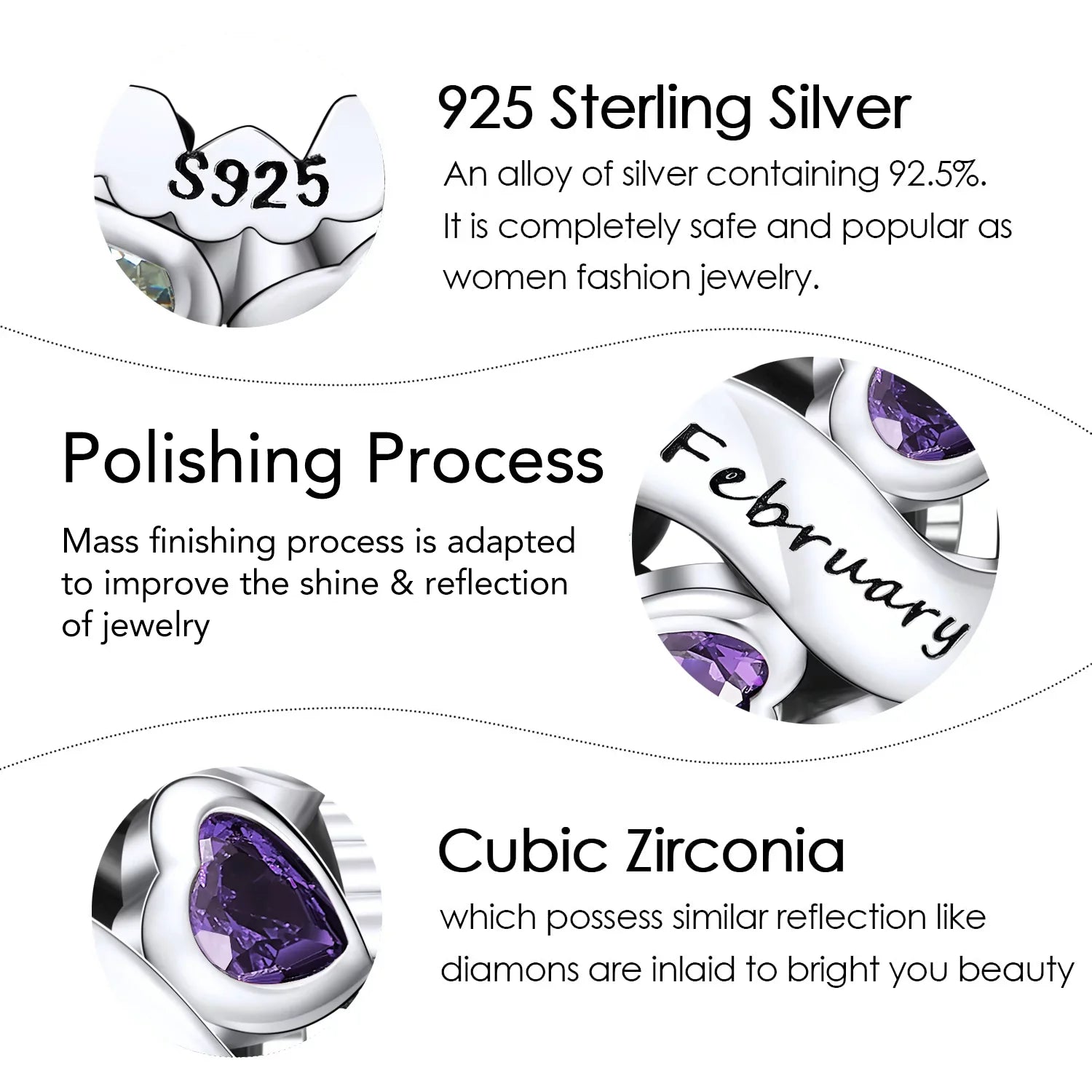 Bracelets 925 Heart Birthstone NINGAN Silver Pandora February Bead Love Charms Charms Openwork Sterling for
