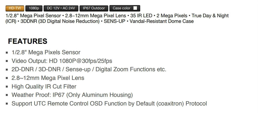 1080p Vandal DOME TIV-134V-W Power IR Eyemax Camera Dual 2.8-12mm, LED HD-TVI 35 IR
