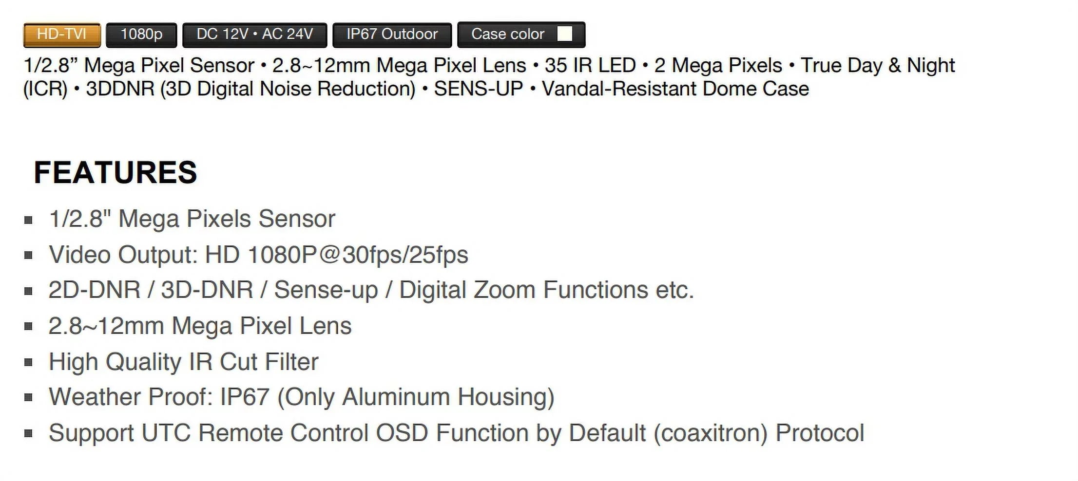1080p Vandal DOME TIV-134V-W Power IR Eyemax Camera Dual 2.8-12mm, LED HD-TVI 35 IR