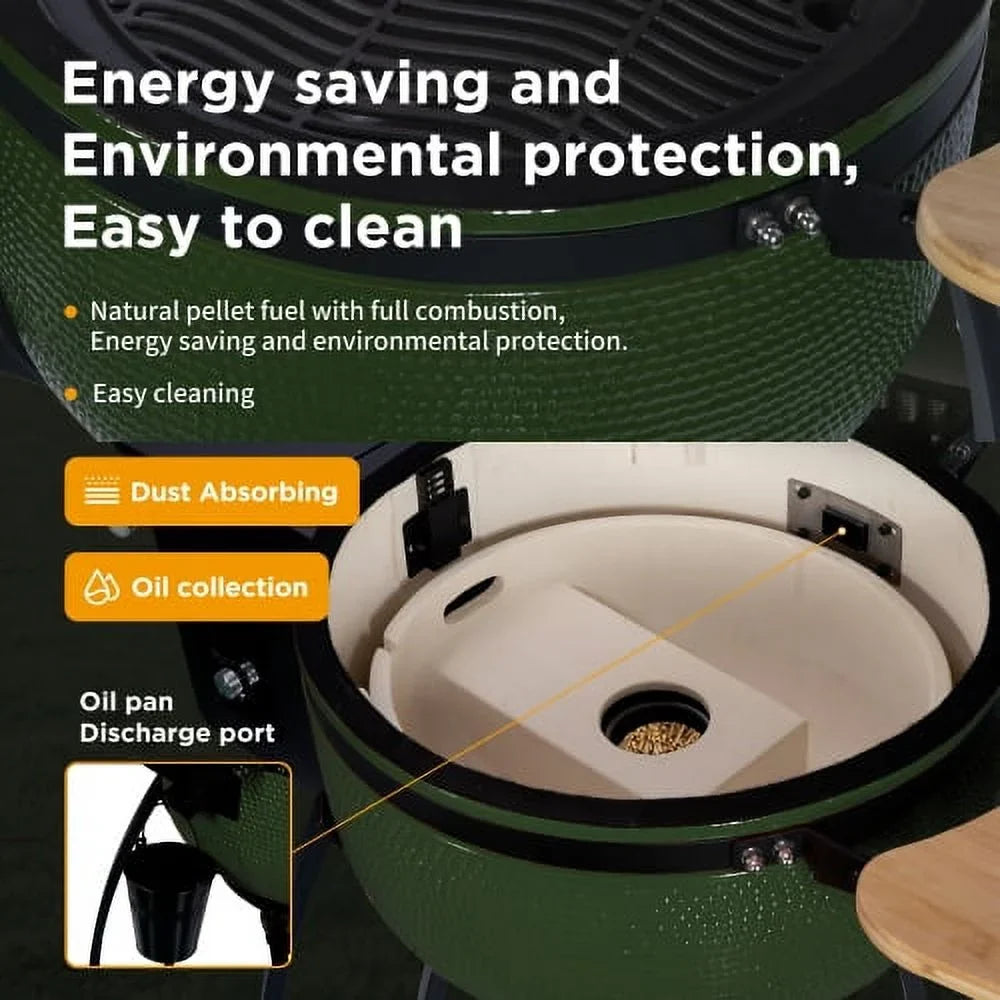 Roasted MADETEC with Smoked 19.6" Grill Outdoors BBQ diameter Patio,Green Double Ceramic 24" Pan-roasted Liner Gridiron 4-in-1 Pellet for Ceramic