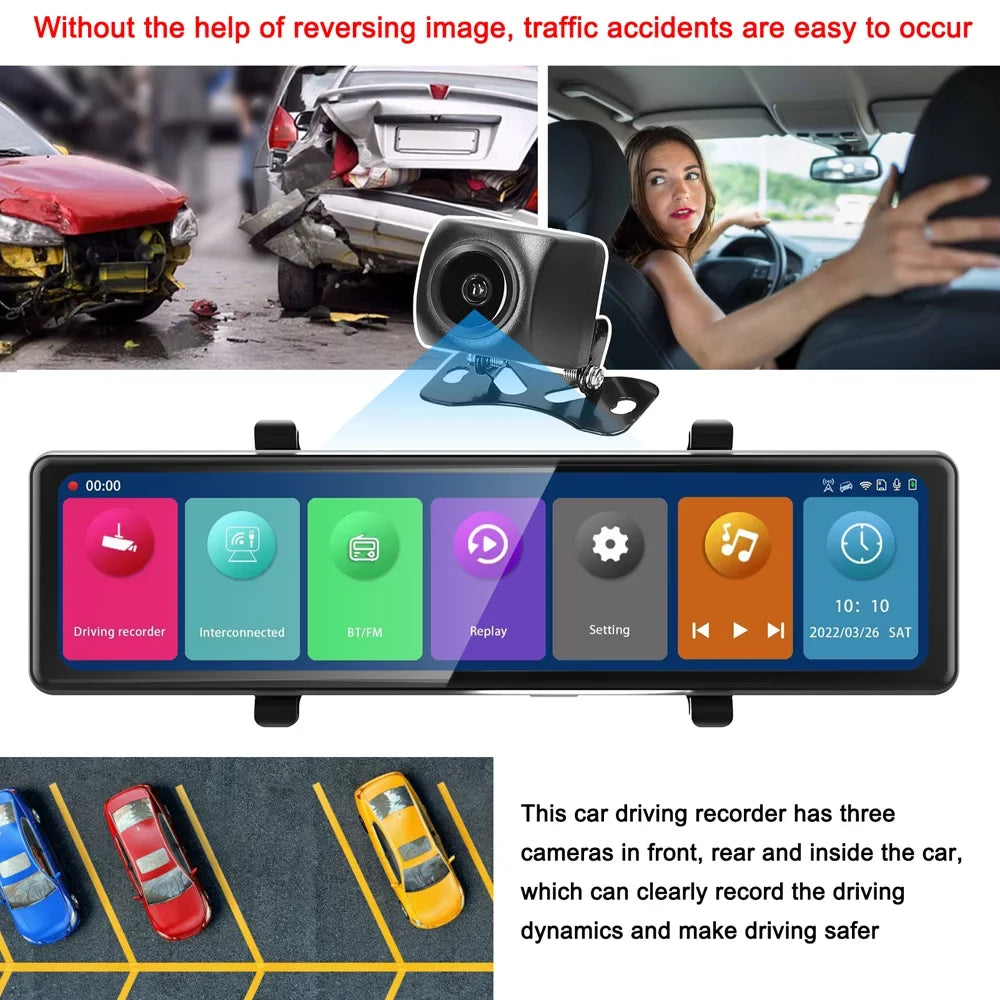 Cam Cameras 2.5K Car Car Video OWSOO 12in Mirror Car Recorder Clear Screen Driving Dash 3 Rearview Touched Auto Recorder Carplay Recording