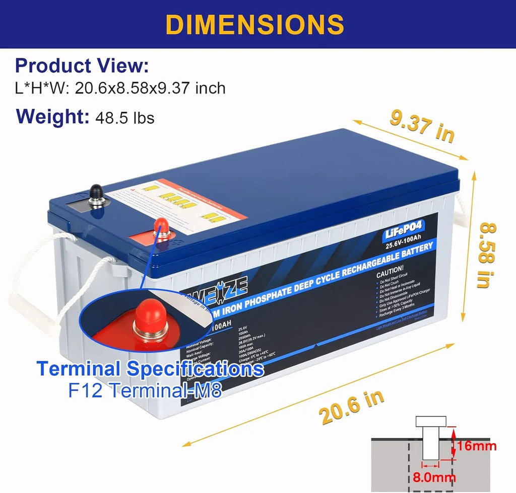 Grid 24V 1Autodepot Camping, Cycles, Smart System, LiFePO4 Solar Battery, BMS, to RV, 8000 Applications Perfect Up Built-in Lithium Off for 100AH 100A Marine,
