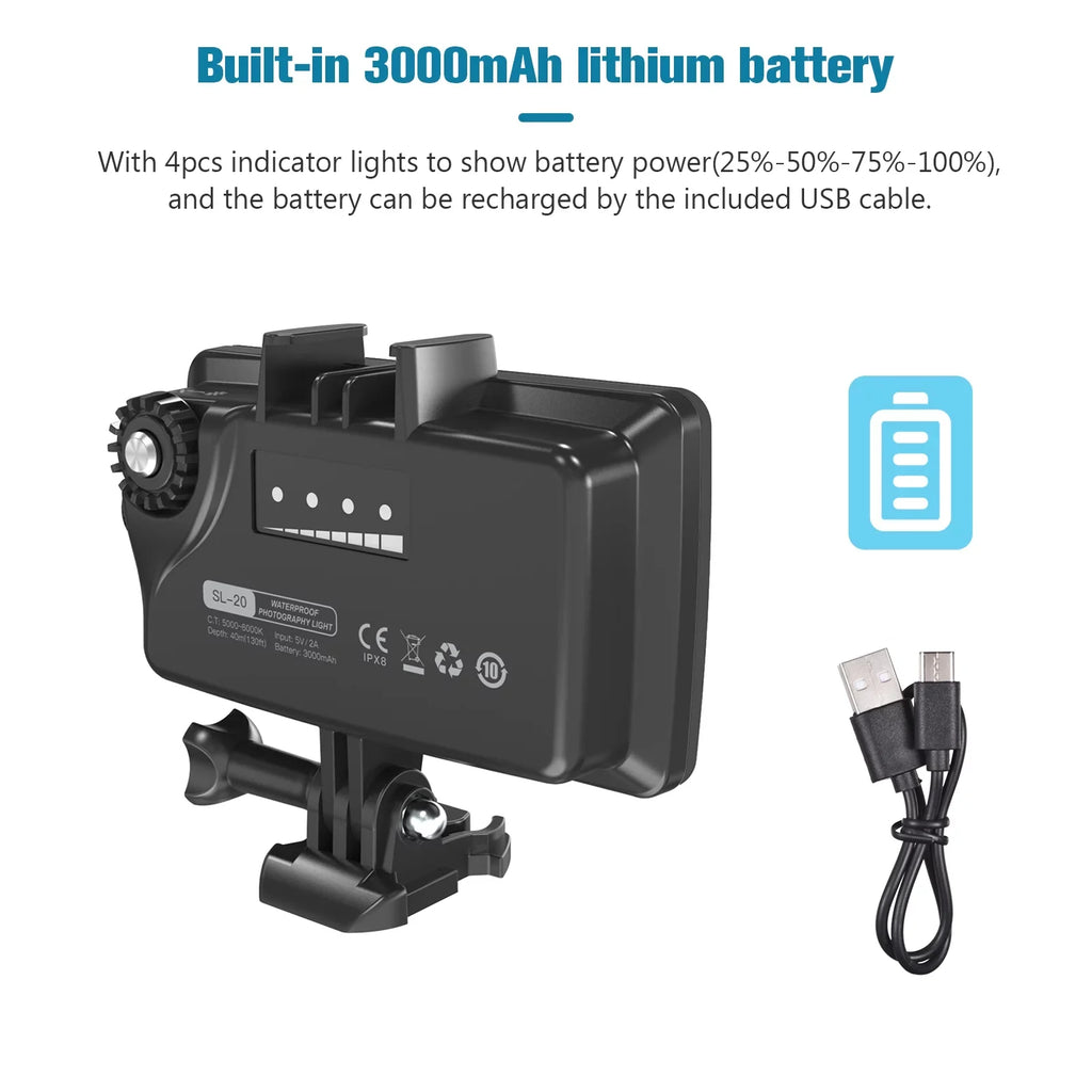 GoPro Video for CRI95+ Waterproof IPX8 Built-in for Rechargeable RGB Underwater Walmeck Photography Diving 40M Fill Replacement 8 Dimmable Underwater Battery Andoer Snorkeling Video SL-20 Modes