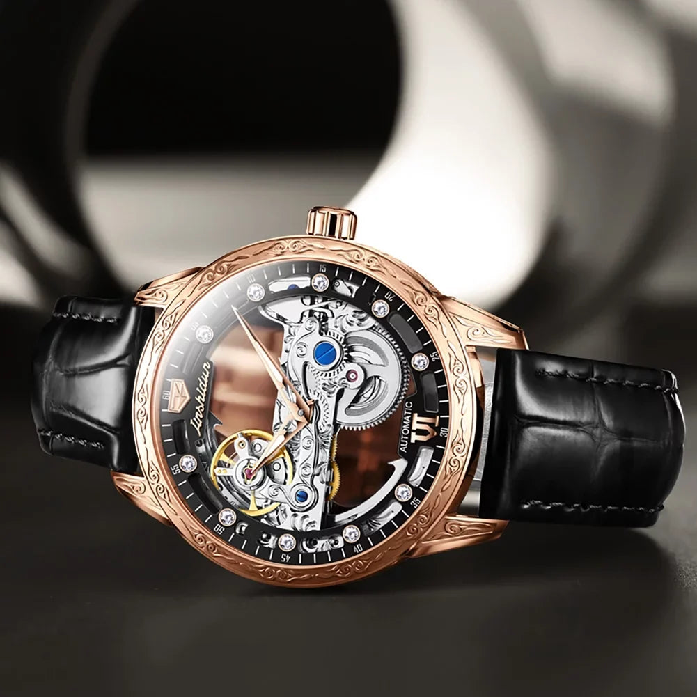 Rose Watch Mechanical Men's Black Luminous Skeleton Transparent Automatic