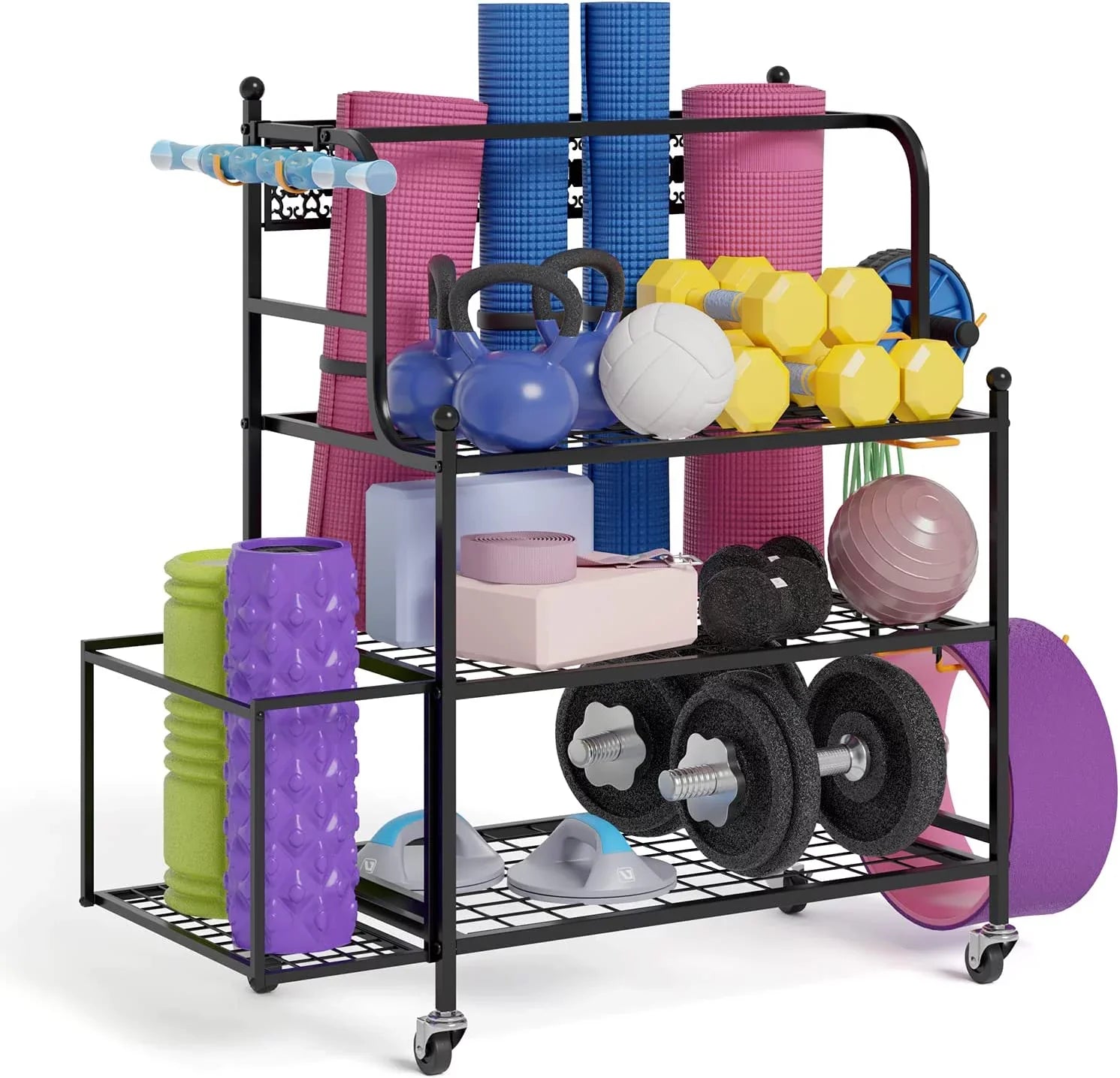 Organizing Rack Foam for Strap Equipment Racks, Yoga Storage Home Mat with Y&M All-in-One Wheels, and Organizer Storage and Hooks Resistance Yoga Workout Storage Band Gym Dumbbells Roller, Kettlebells