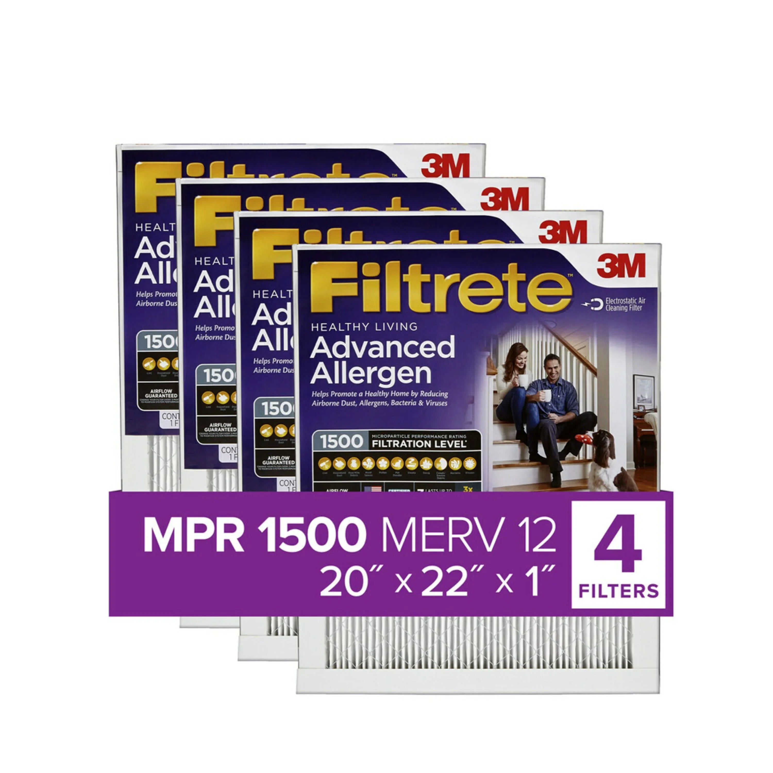1500 by Reduction Viruses, Captures Allergen Allergens, 20x22x1, MPR, Air HVAC 3M, 4 12, Bacteria, Filtrete Advanced Filter, Furnace MERV Filters