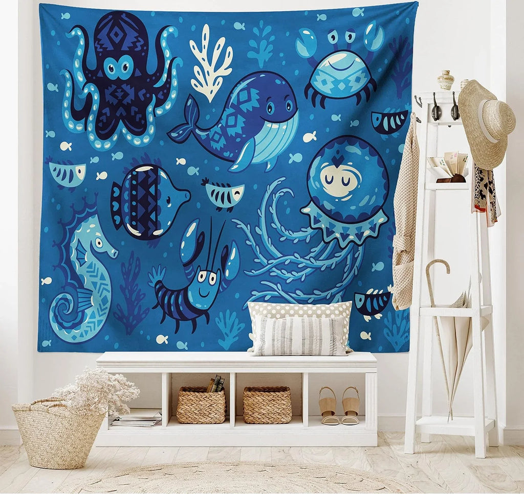 Octopus Moss Dorm, Fish Room Hanging Whale Tapestry, Animals X Fabric Living Little And For 30", Deep Print, Ocean With Decor Blue 45" Cartoon Bedroom Wall Sealife