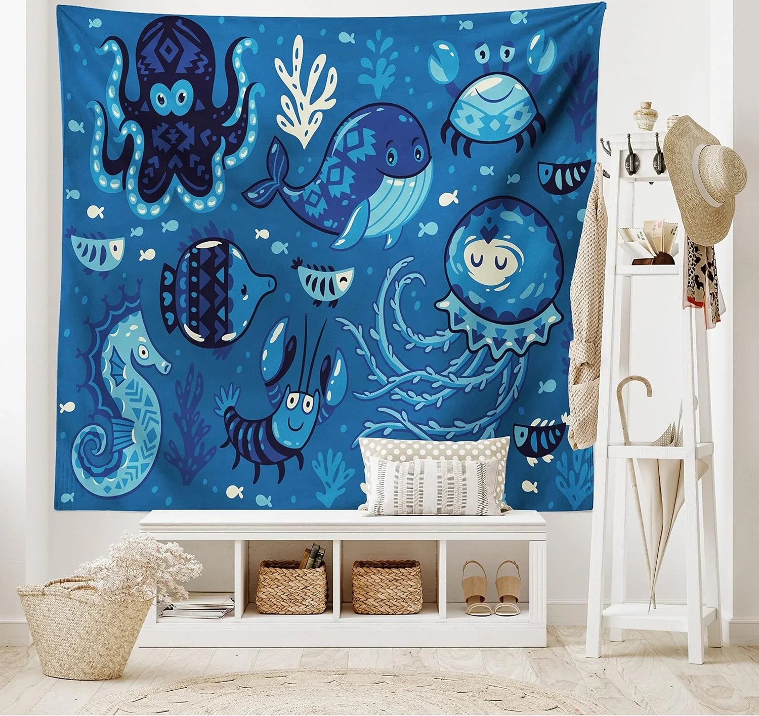 Octopus Moss Dorm, Fish Room Hanging Whale Tapestry, Animals X Fabric Living Little And For 30", Deep Print, Ocean With Decor Blue 45" Cartoon Bedroom Wall Sealife