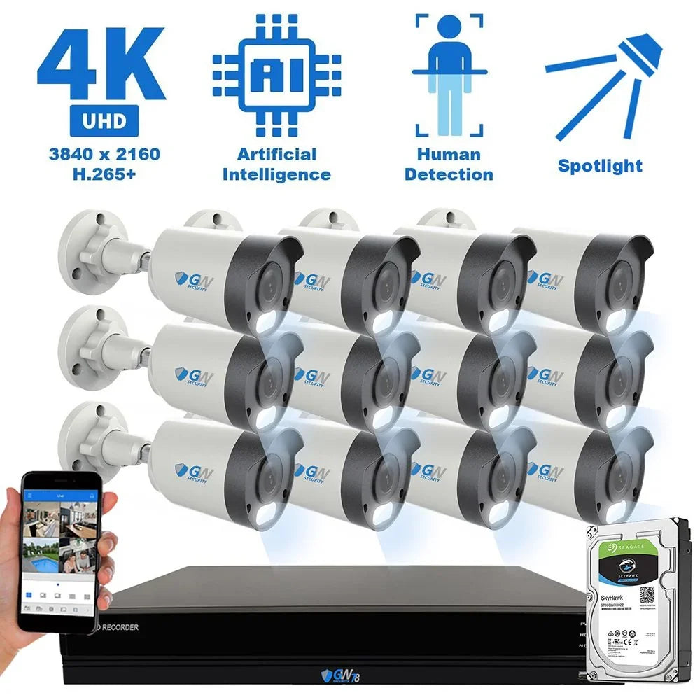 Starvis Channel HD) 4MP 8MP (Two Sony NVR GW Camera 4K H.265+ Detection of (3840x2160) - - AI x Security 12 Camera System Human UltraHD 16 PoE Smart Times IP Bullet 4K Resolution 8MP The Starlight