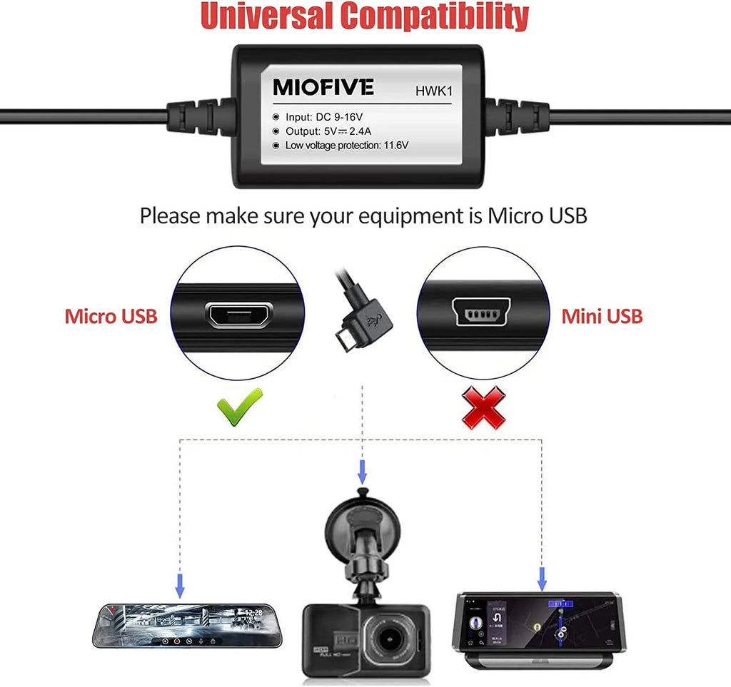 5V/2.4A Kit for Kit Cam to ro Hardwire 12V-24V Kit, Dashcam USB Wire 11.5ft w/Fuse Dash Converts Hard