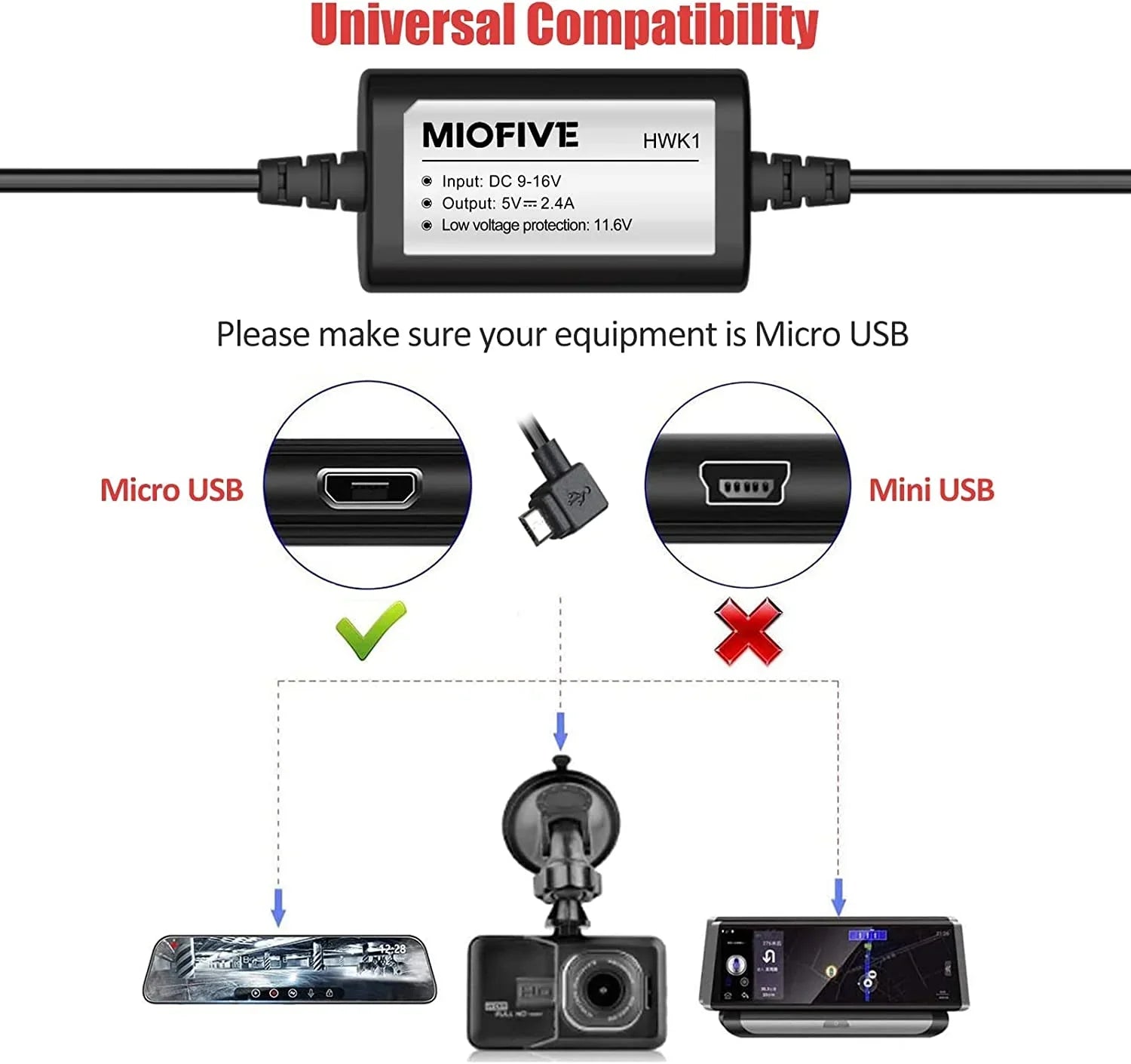 5V/2.4A Kit for Kit Cam to ro Hardwire 12V-24V Kit, Dashcam USB Wire 11.5ft w/Fuse Dash Converts Hard