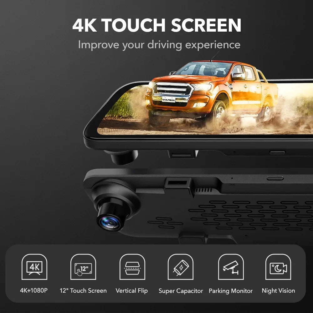Rear Card Parking View 32GB 4K Monitor, & Touch GPS Screen, Mirror with Free Mirror Backup Camera, Full 12" Camera Dash Dash Cam, WOLFBOX