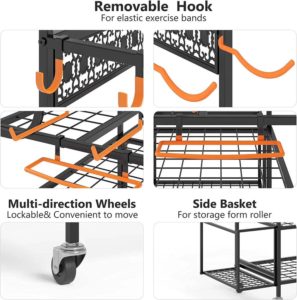 Organizing Rack Foam for Strap Equipment Racks, Yoga Storage Home Mat with Y&M All-in-One Wheels, and Organizer Storage and Hooks Resistance Yoga Workout Storage Band Gym Dumbbells Roller, Kettlebells