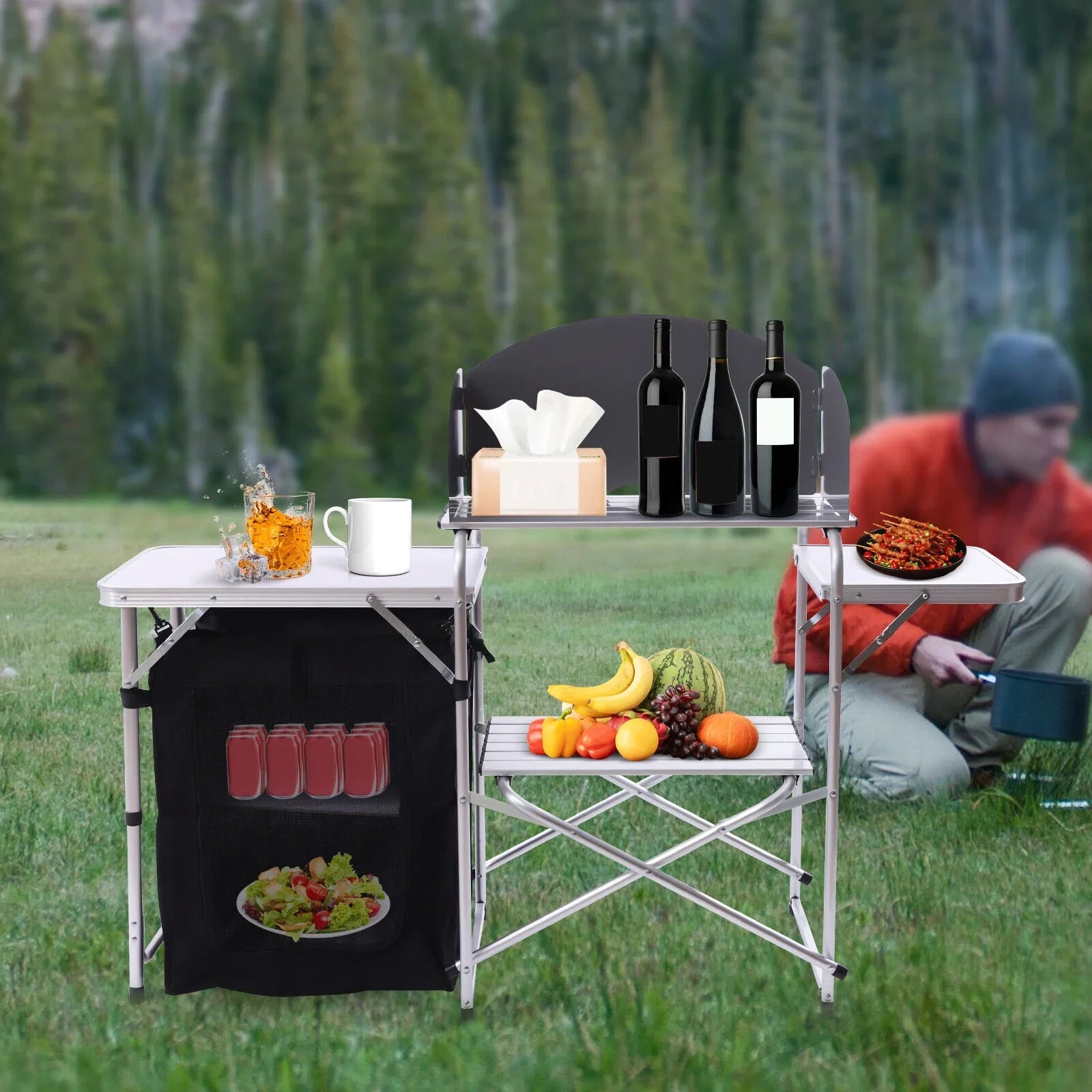 DENEST Windscreen Kitchen Folding Table Detachable Outdoor Camping Table Cooking with