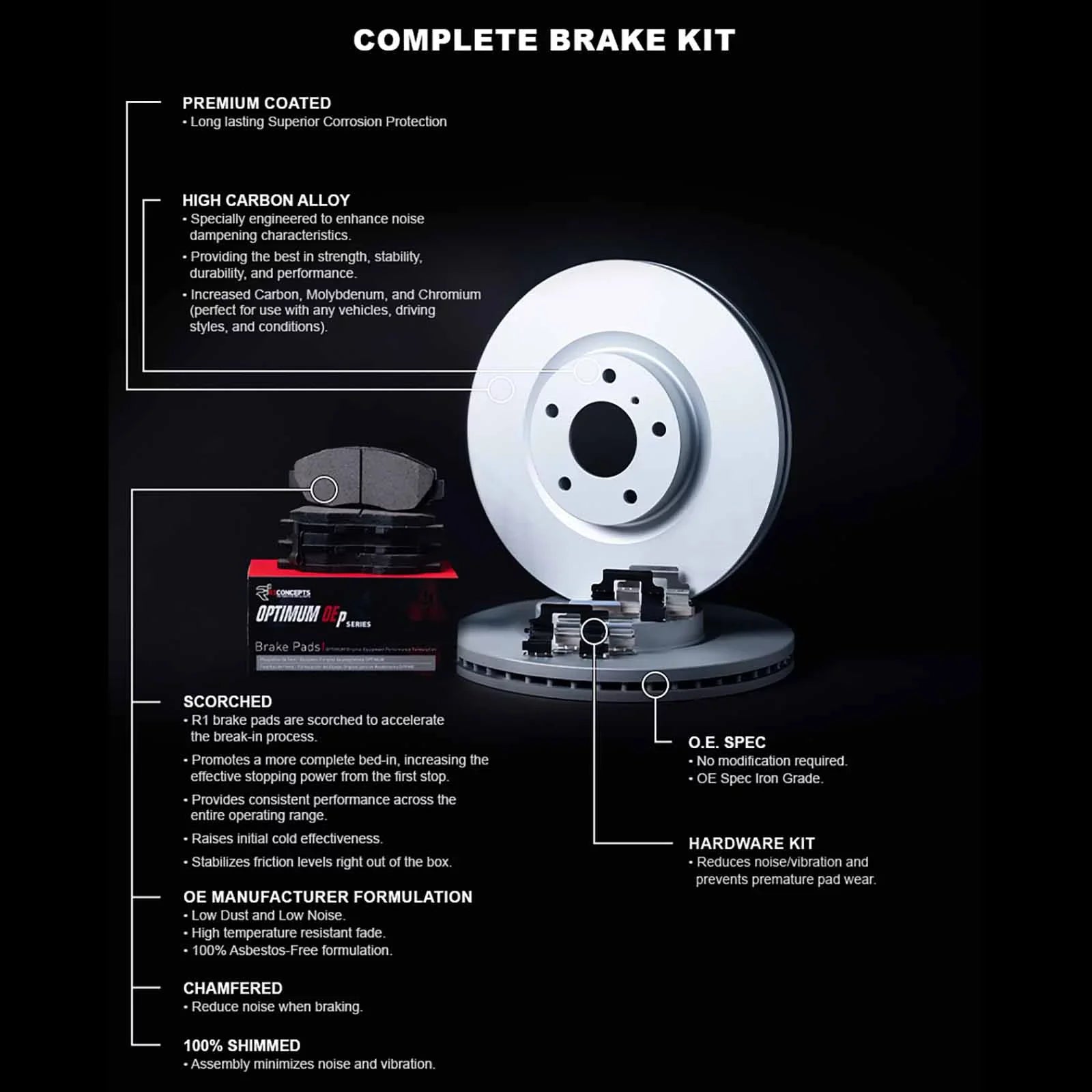 Pads OEp Rear and R1 Concepts Kit Optimum |Hardware Brake |Rear Rotors and WDUH1-76143 and Rotors Pads| Rotors Kit Brake Brake Pads| Brakes