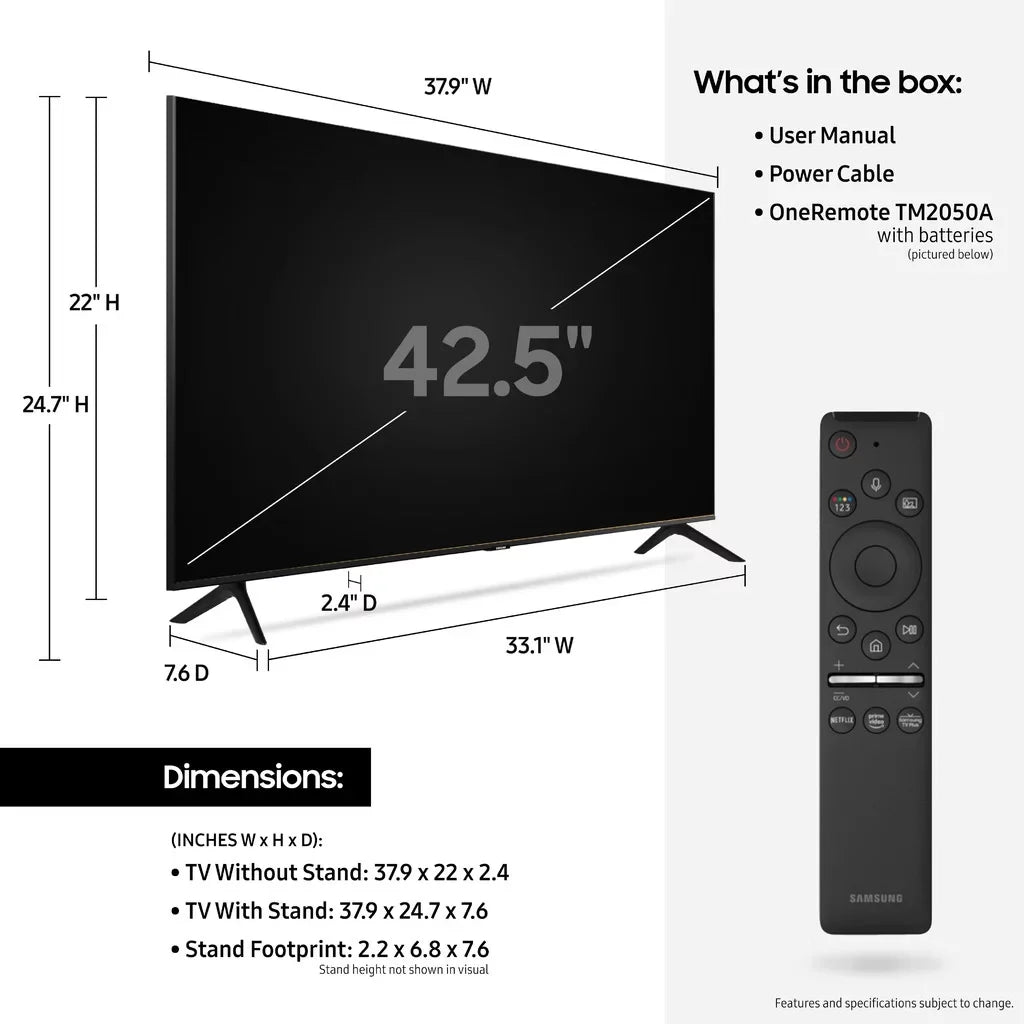 43" Class HDR TV (2160P) UHD SAMSUNG LED Crystal 2020 4K UN43TU8000 Smart with