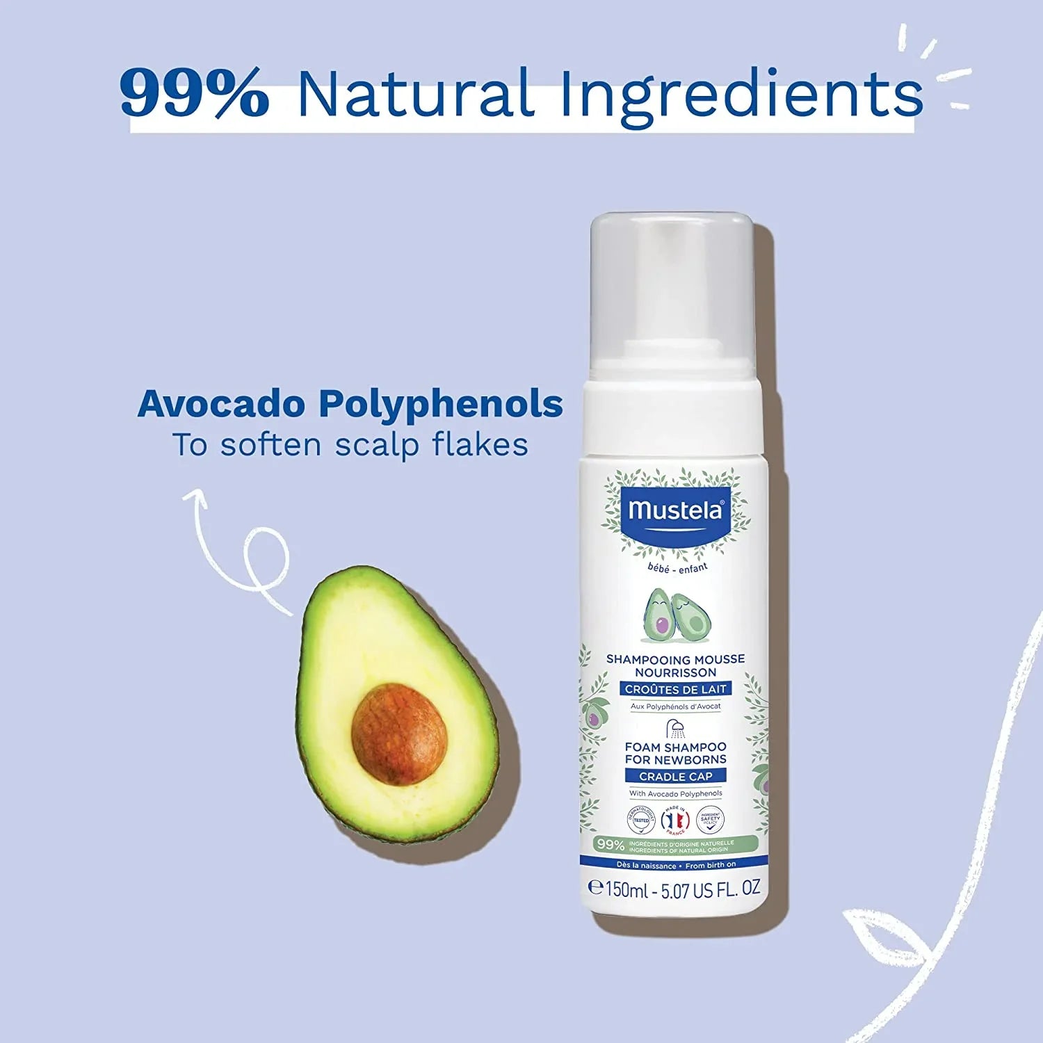 for oz. - Shampoo with Newborn 5.07 Baby fl. Tear-Free & - Shampoo Cap Foam Natural Cradle Fragrance-Free Mustela - Avocado
