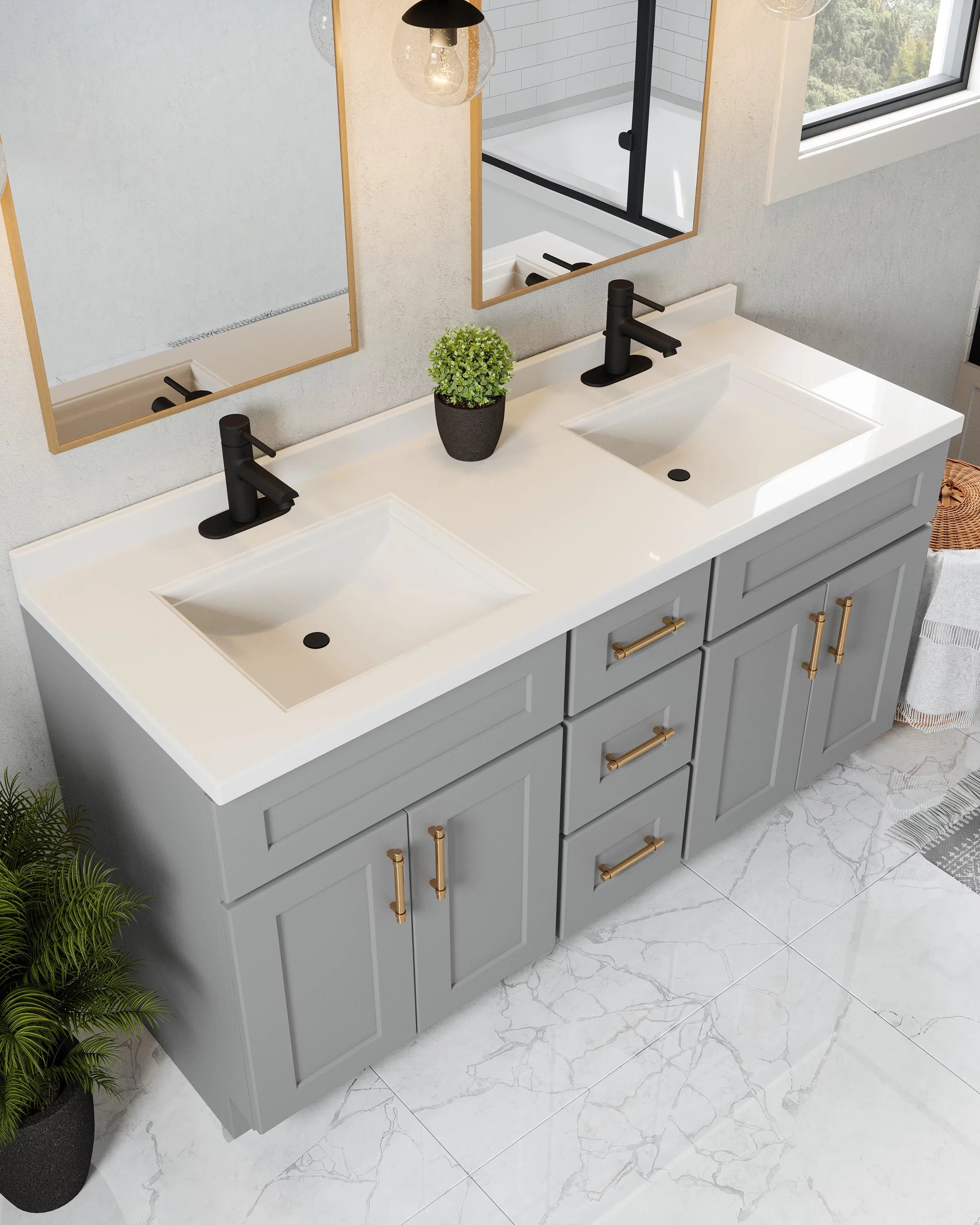 Top House Rectangle Mount Double Bowl 61-inch Integrated Marble Cultured Camilla Solid Design Vanity White 557678-WHT Centerset Backsplash, with