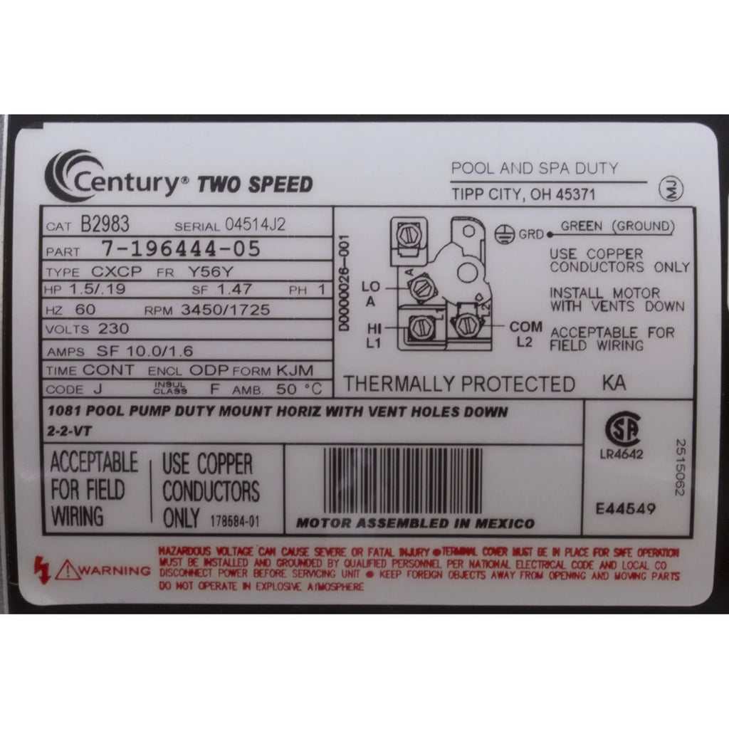 1.5 Pool Century # 56Y B2983 2-Speed Square Flange hp Motor 230V Frame