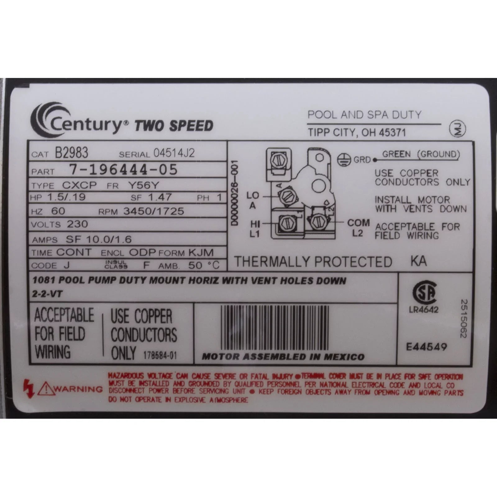 1.5 Pool Century # 56Y B2983 2-Speed Square Flange hp Motor 230V Frame