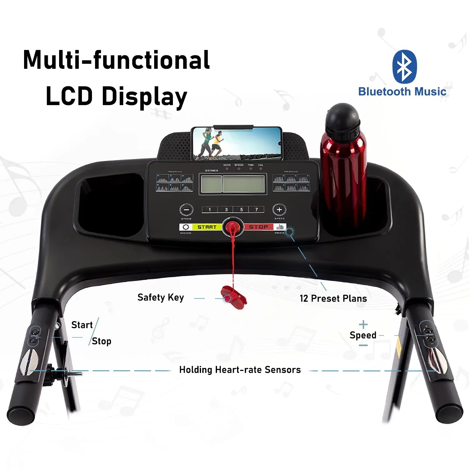 Gym Cup Rate Foldable, Electric Fitness 2.5HP Sensor Home Treadmill Walking Folding Heart Incline 12KM/H Running Treadmill Bluetooth Holder Music for for Exercise with Machine Indoor Home