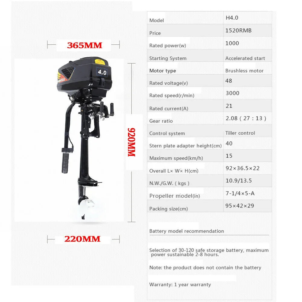 Trolling Motor Propeller Fishing HANGKAI Electric Outboard 48V Engine Boat 1000W