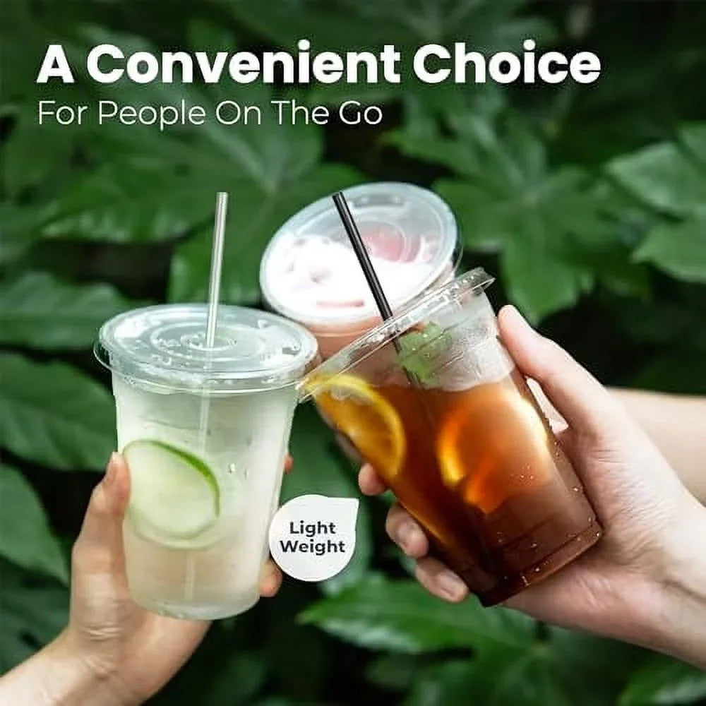 Tea for Premium Cups, 32 Lemonade oz Bubble Milkshake, BPA Stand, Drinks, Clear Juice, Coffee Free Party, Pack] Cold Smoothie Plastic Iced [50 Crystal Boba, with Cups Cup Disposable Flat Lids,