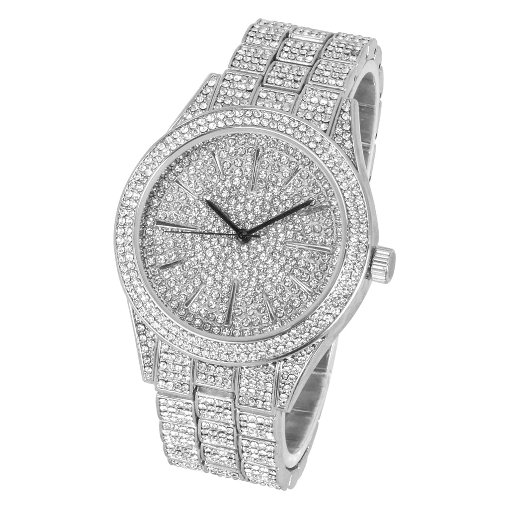 Movement - Out Simulated - Bling Mens Watch Adjustable with Band and Dial Tone Diamonds Bling-ed Silver Diamond Out - Iced 42mm Finish Fully Metal Quartz