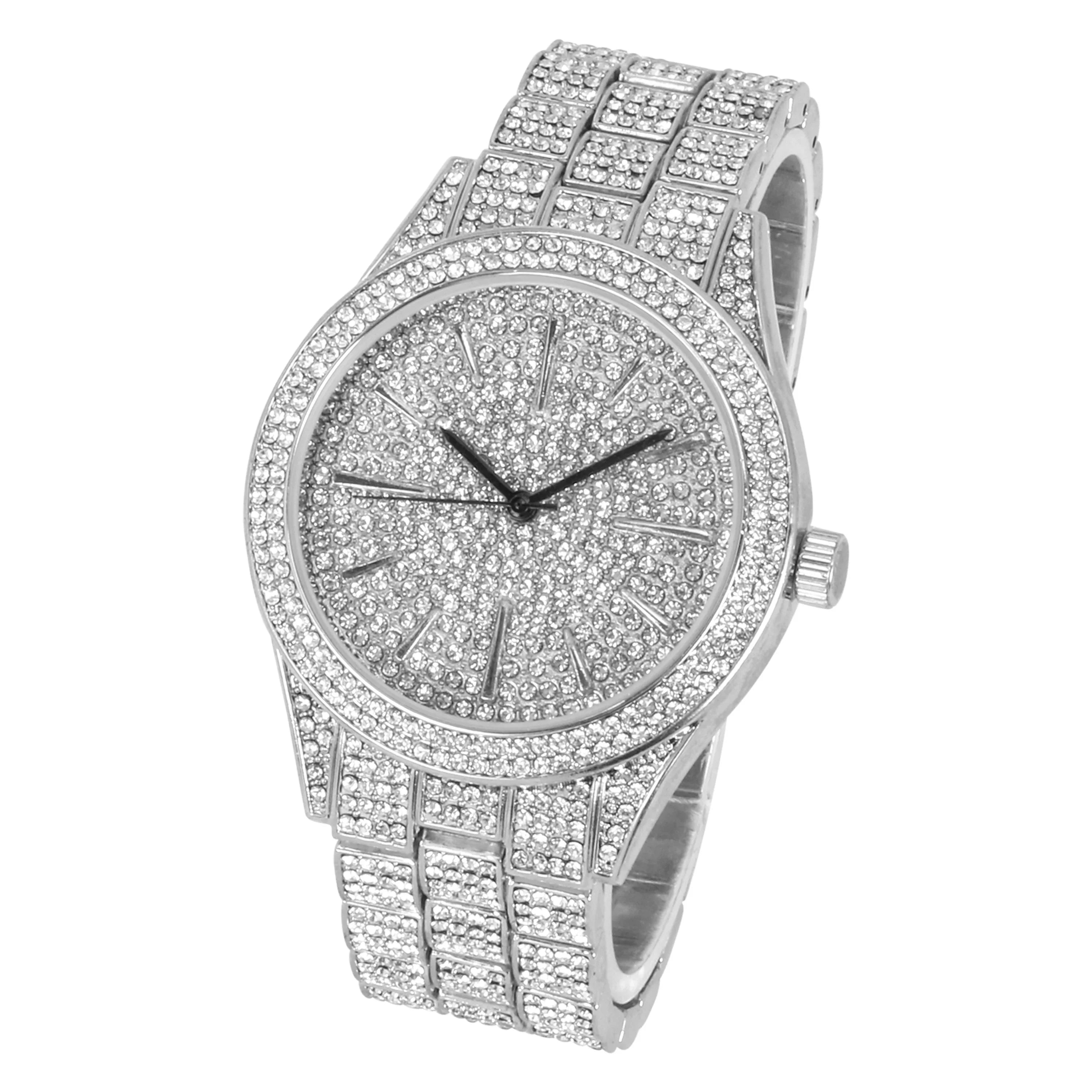 Movement - Out Simulated - Bling Mens Watch Adjustable with Band and Dial Tone Diamonds Bling-ed Silver Diamond Out - Iced 42mm Finish Fully Metal Quartz
