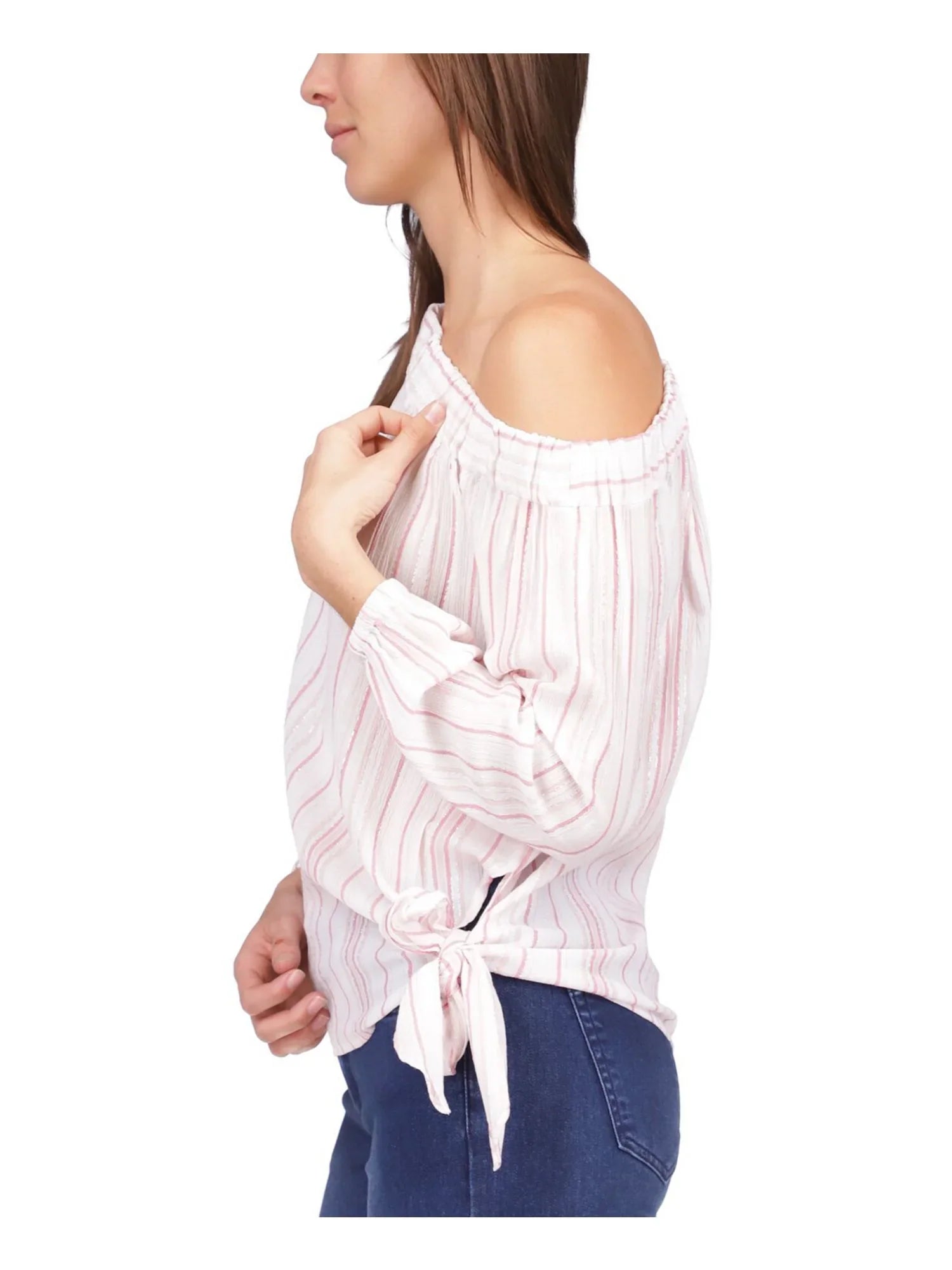 Long Womens Striped Top Tie Pink Asymmetrical Hem Metallic KORS MICHAEL Neckline M Sleeve Side