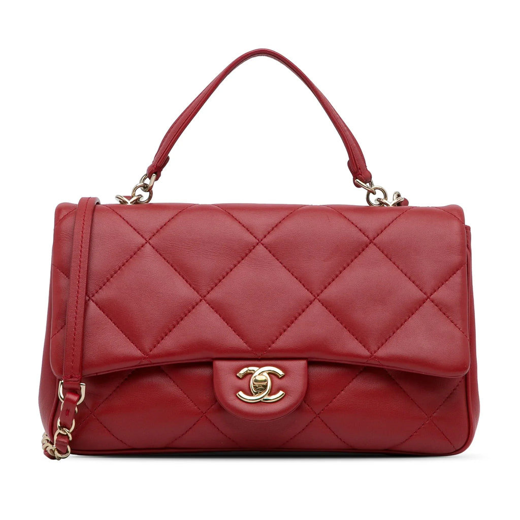 Bag Satchel Unisex Easy Pre-Owned Lambskin Carry (Good) Flap Authenticated Small Leather Chanel Red