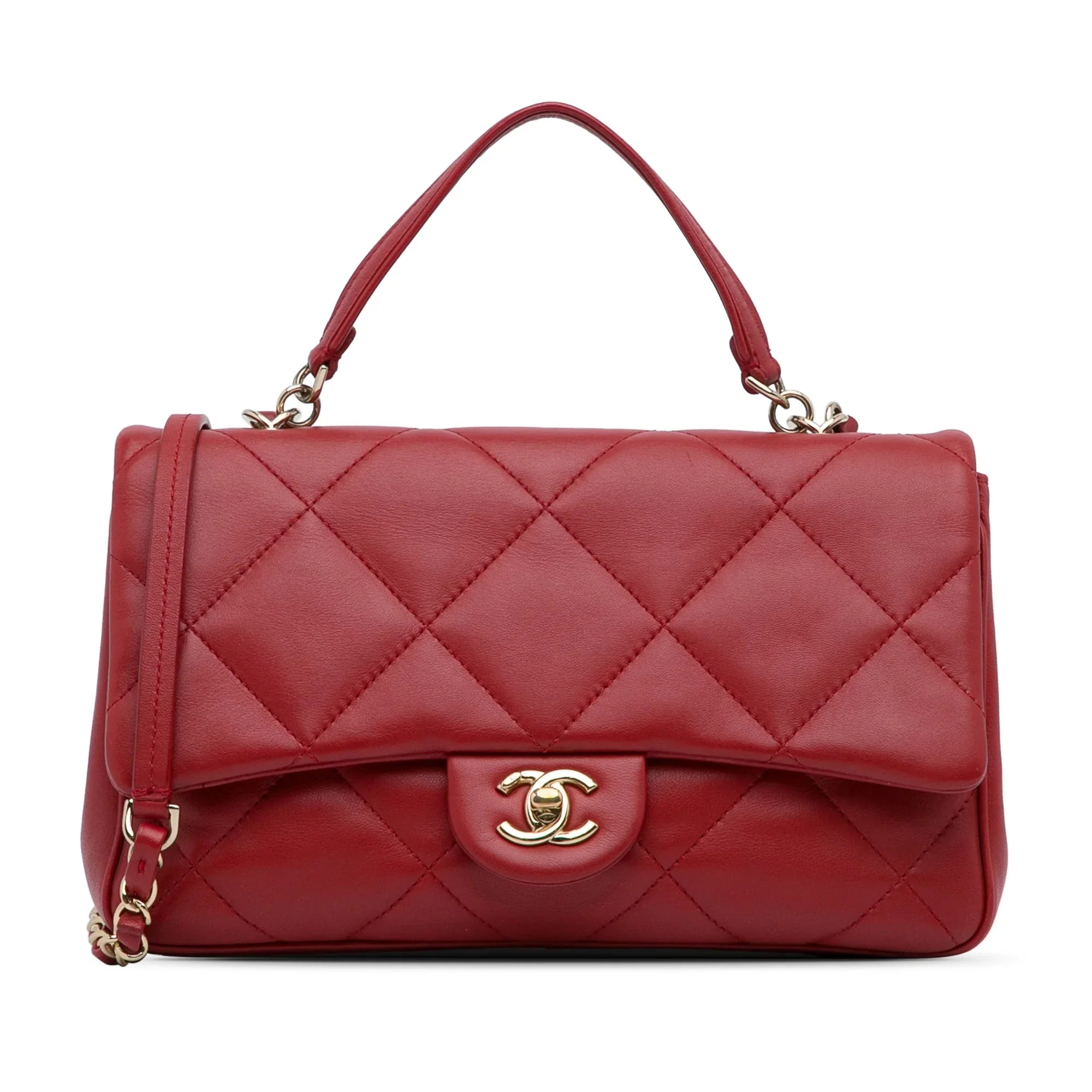 Bag Satchel Unisex Easy Pre-Owned Lambskin Carry (Good) Flap Authenticated Small Leather Chanel Red