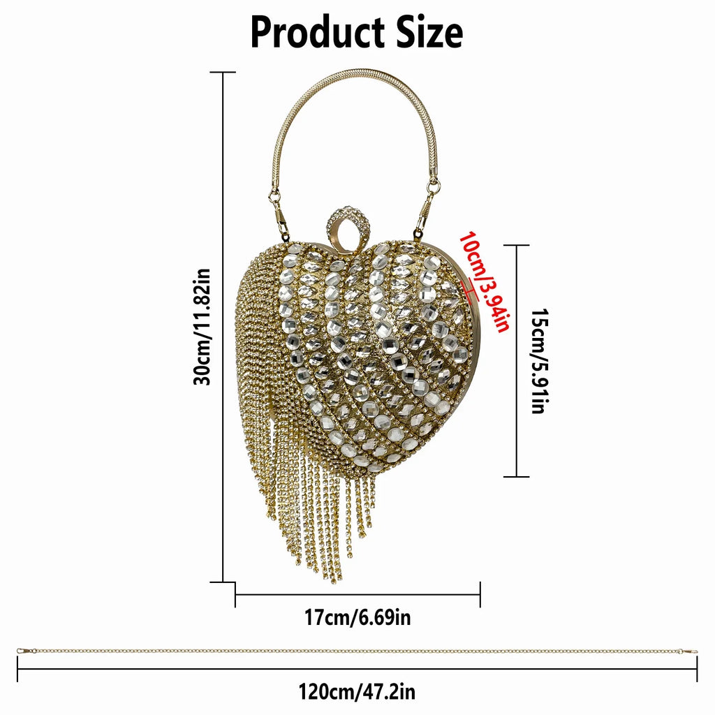 Shape Rhinestones Evening Women Clutch Geiomoo Tassel Handbag for Party Heart Purse Wedding Luxury Bag,
