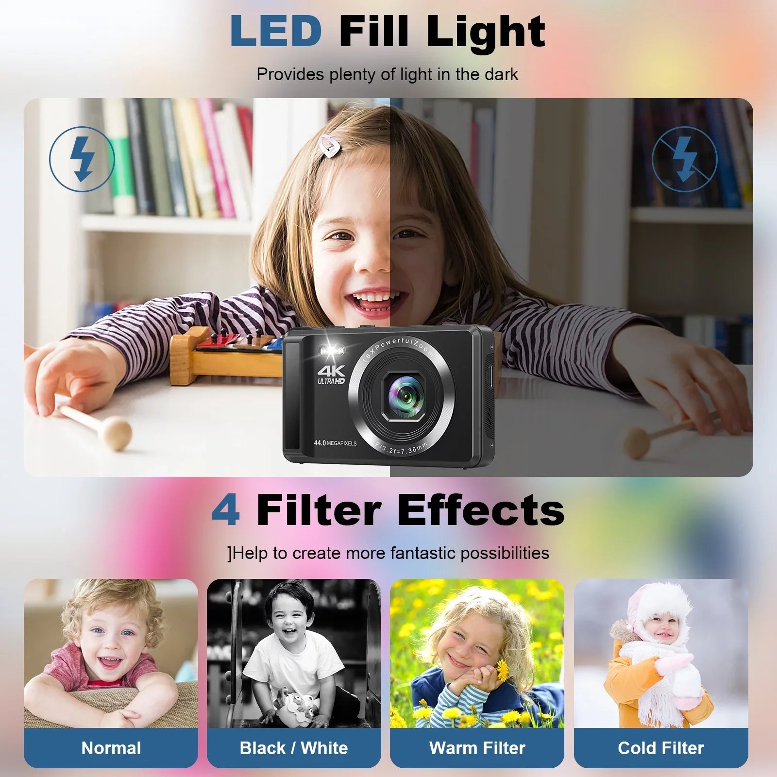 SEREE SD 4K Autofocus 44MP Shoot Compact Point 32GB 16X 2 Batteries with Digital Digital Camera with Portable and Cameras Digital Card and Camera Zoom, 2.4''