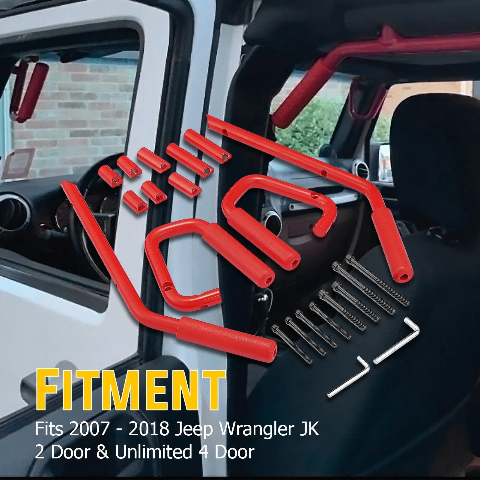 Aluminum Bar Coated Set Rear Wrangler for & JK Jeep Handles Front Grab 07-18 Full WEISEN- Red Powder