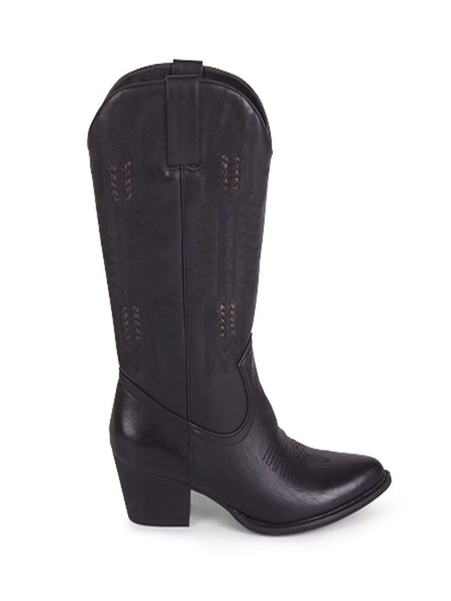 Woven Padded Womens Block Heel Pointed WANTED Western Black Boot Texan Tabs Detailing Pull Whip-Stitch Toe 8.5