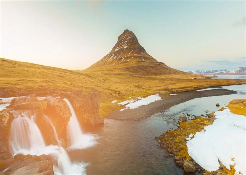 HelloDecor Adults Lawn Photography Background Kirkjufellsfoss Studio Blue Props Grass Nature Cascade Photo Travel Landscape Kids Outdoor Mountain Iceland Backdrop 7x5ft Sky