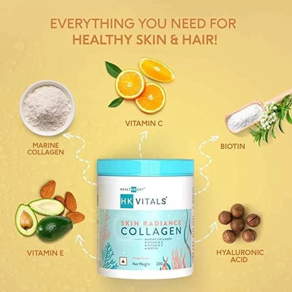 Nails, Sodium with Biotin, Hyaluronate, Vitals Skin, Vitamin Orange, g & and BAVI E, HK Supplement, Hair Collagen 200 Healthy C, for HealthKart Radiance Skin