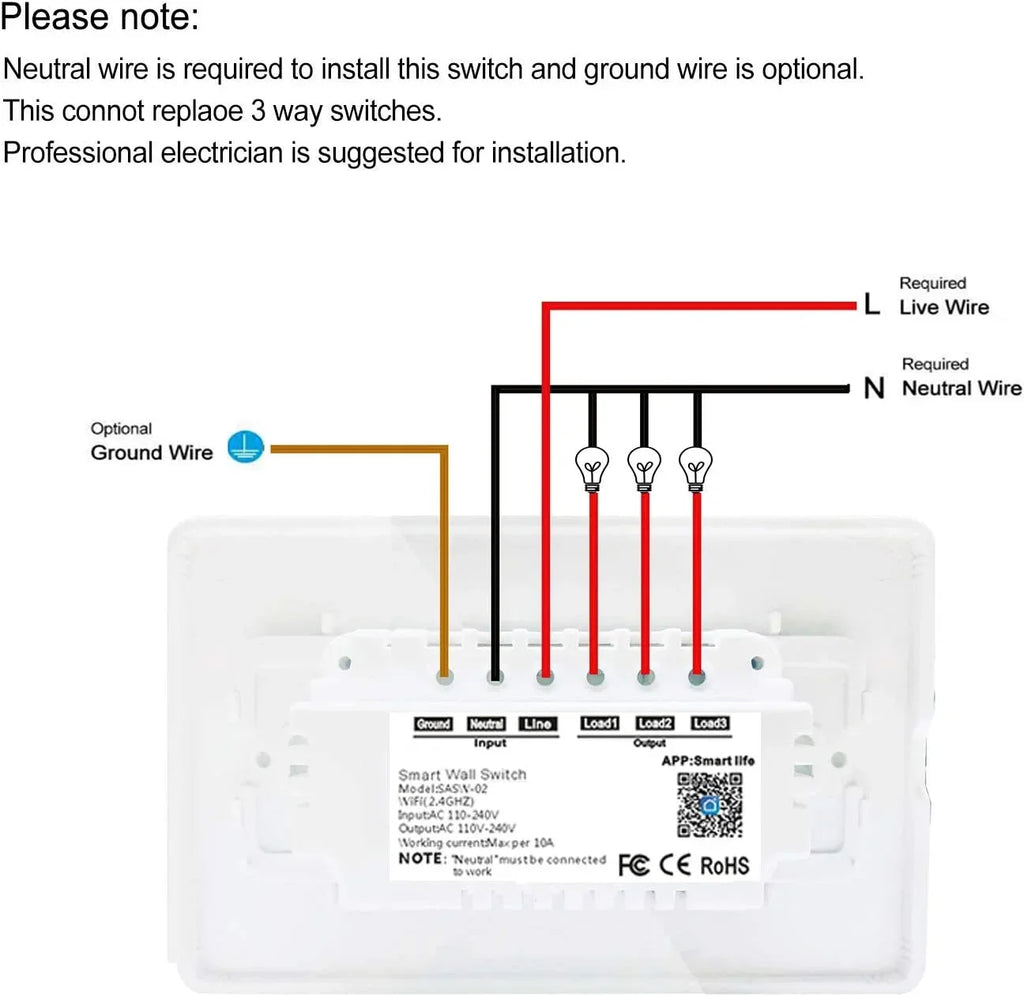 No Switch, and Home, Control, 1 Light Google Wall and with in APP Installation Smart Easy Switch,WiFi (3 Light SANA Switches Alexa Gang) Hub Required Compatible