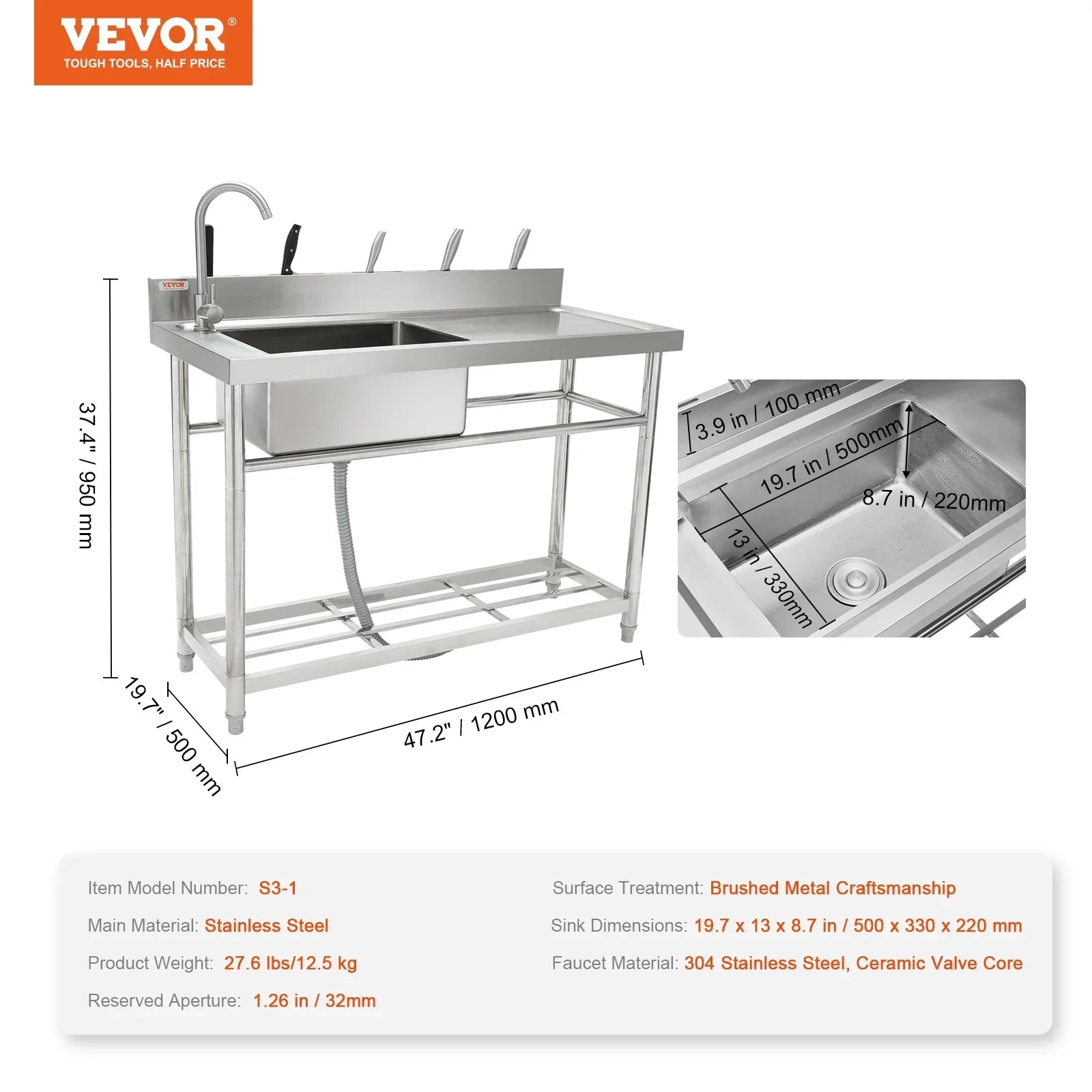 Bowl 47.2x19.7x37.4 Sink Utility w/Workbench in Single Stainless Steel BENTISM